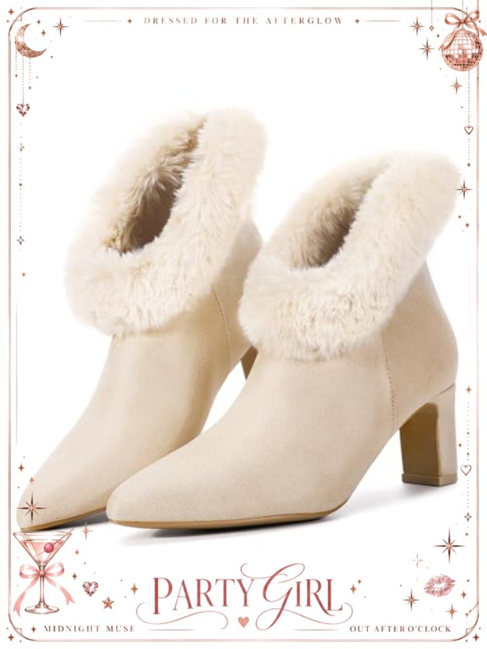 Faux Suede Pointed Toe Ankle Booties With Faux Fur Cuff